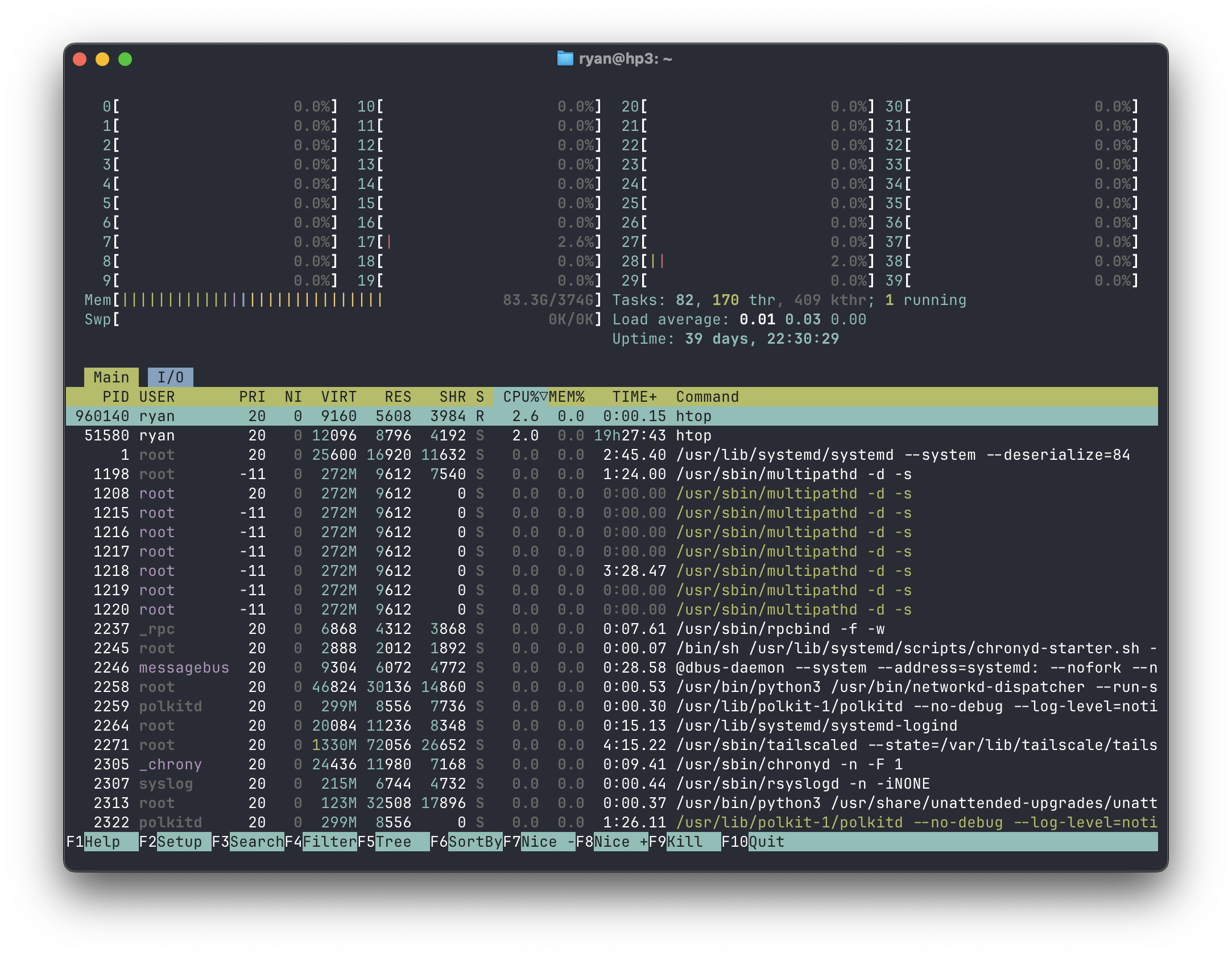 htop showing 40 idle cores, 374 GB of RAM, and 39 days of uptime