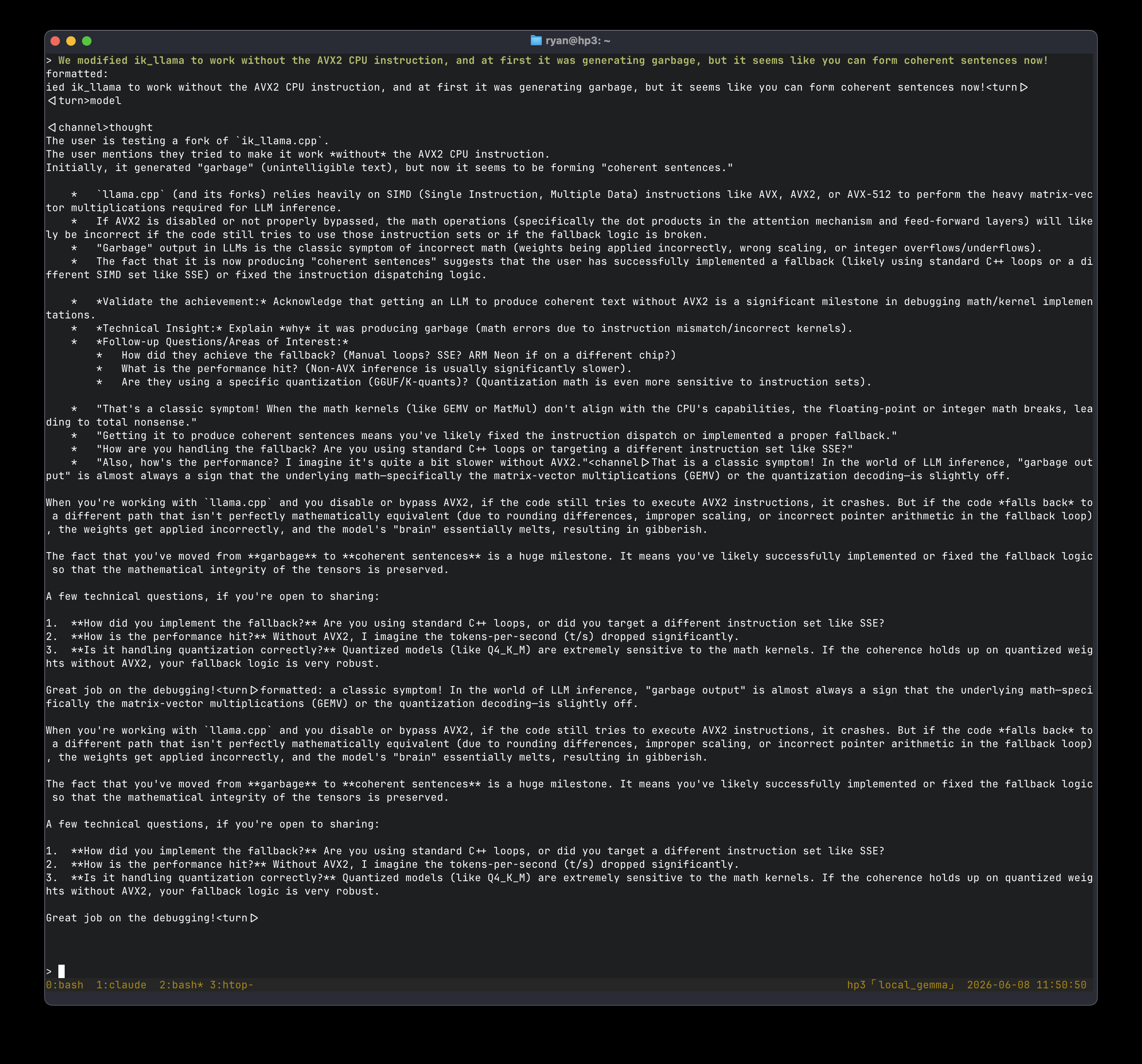Gemma 4 26B generating text locally on the StoreVirtual, no GPU